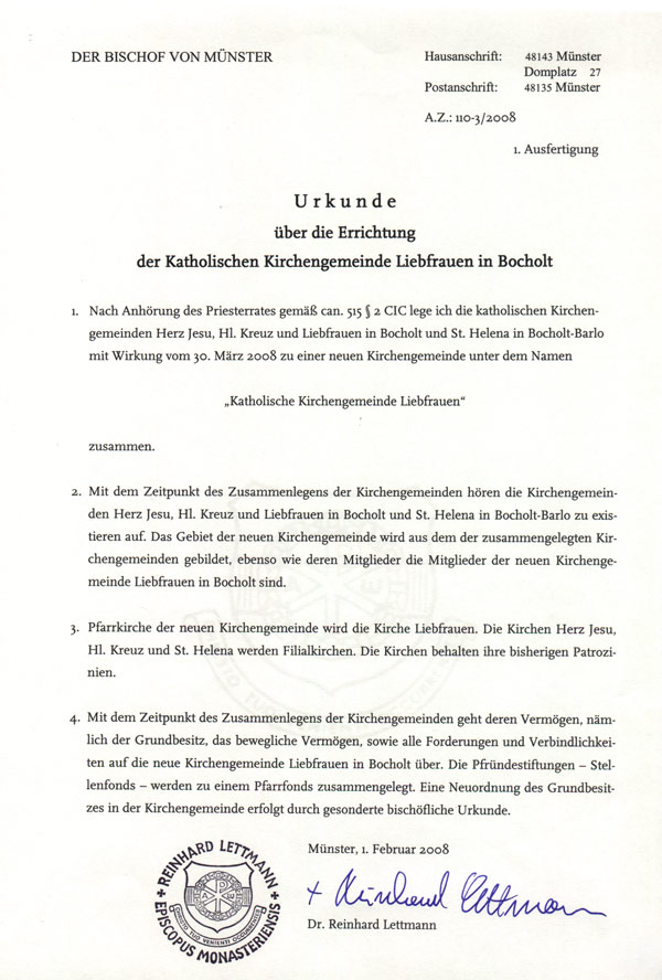 Urkunde zur Fusion zur Pfarrei Liebfrauen Bocholt